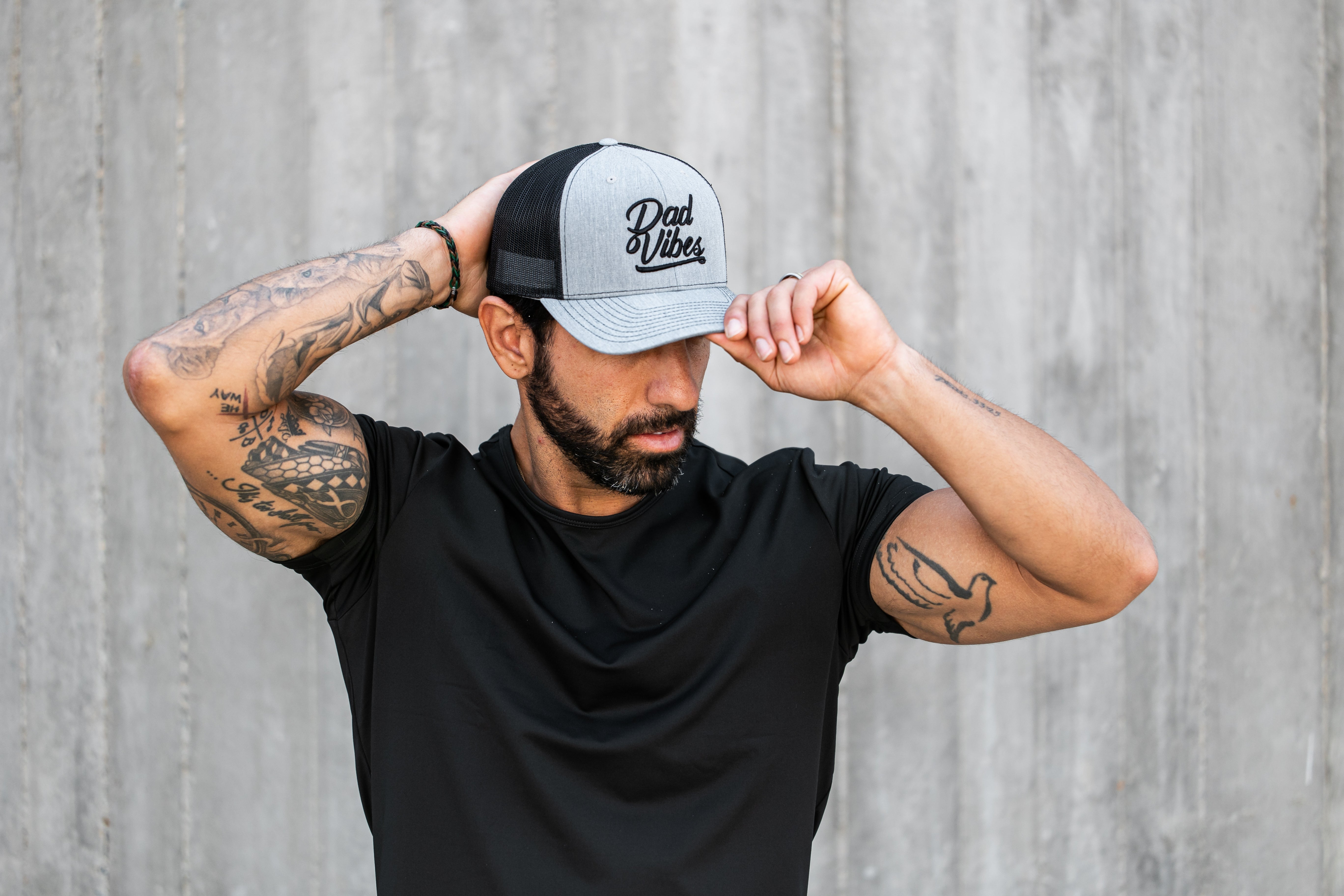 Image of DadVibes Script Curved Bill Heather Grey/Black Trucker Hat
