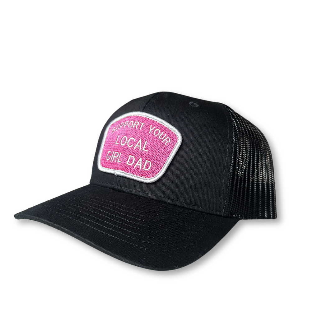 Image of Support Your Local Girl Dad CURVED Bill Patch Hat (Solid Black/Pink Patch)